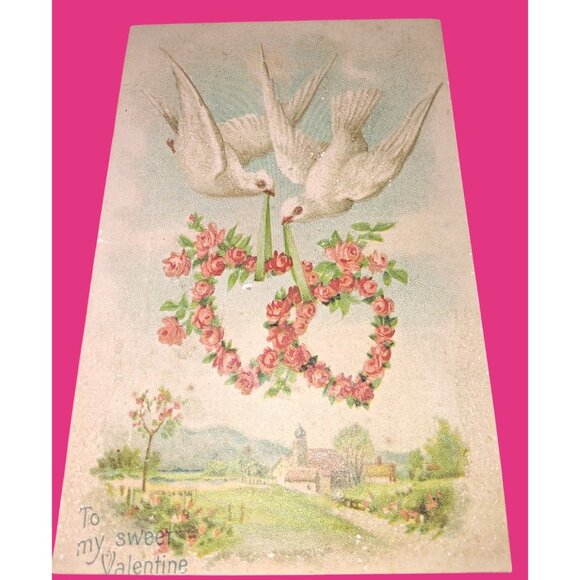 Vintage Valentine Card With Doves & Rose Wreath Design - Picture 1 of 10